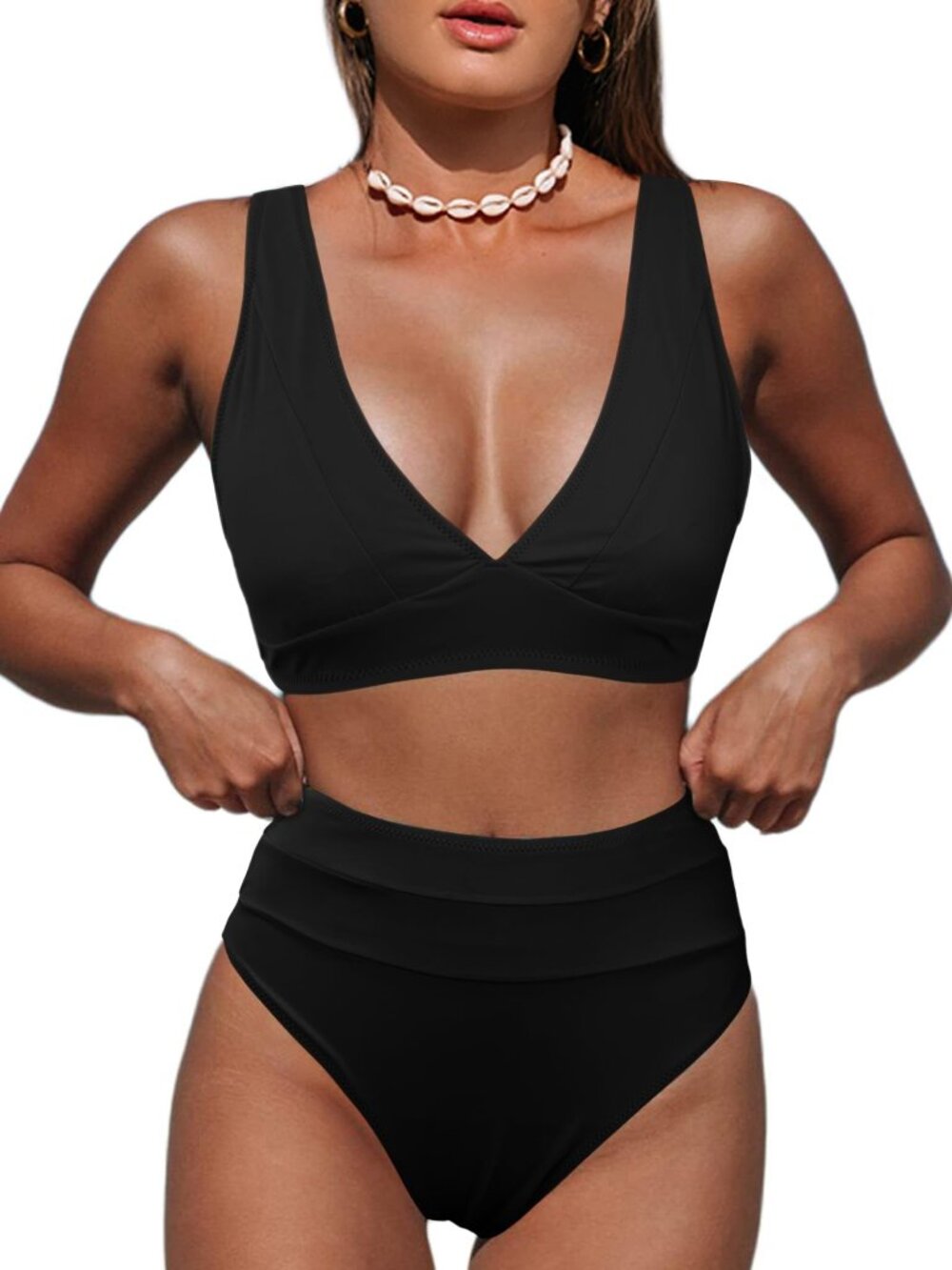 V Neck High Waisted 2 Piece Bathing Suit